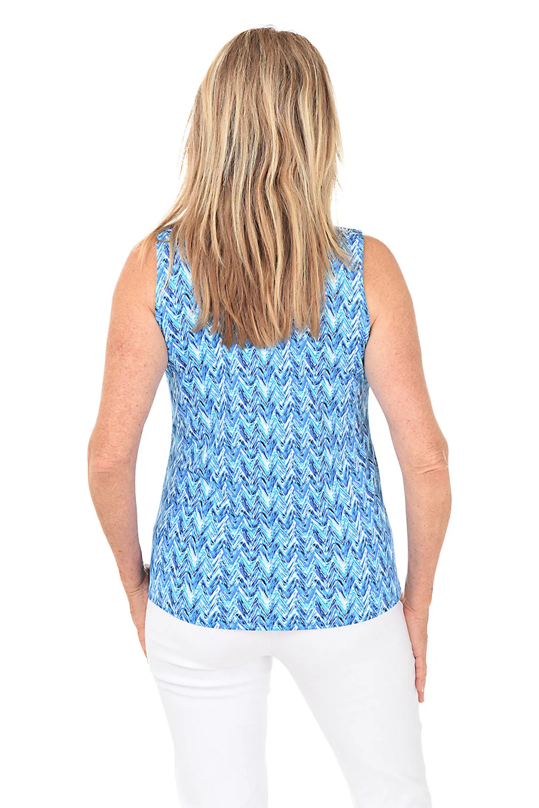 Blue Chevron UPF50  Ruffle Sleeveless Top