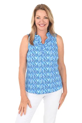 Blue Chevron UPF50  Ruffle Sleeveless Top