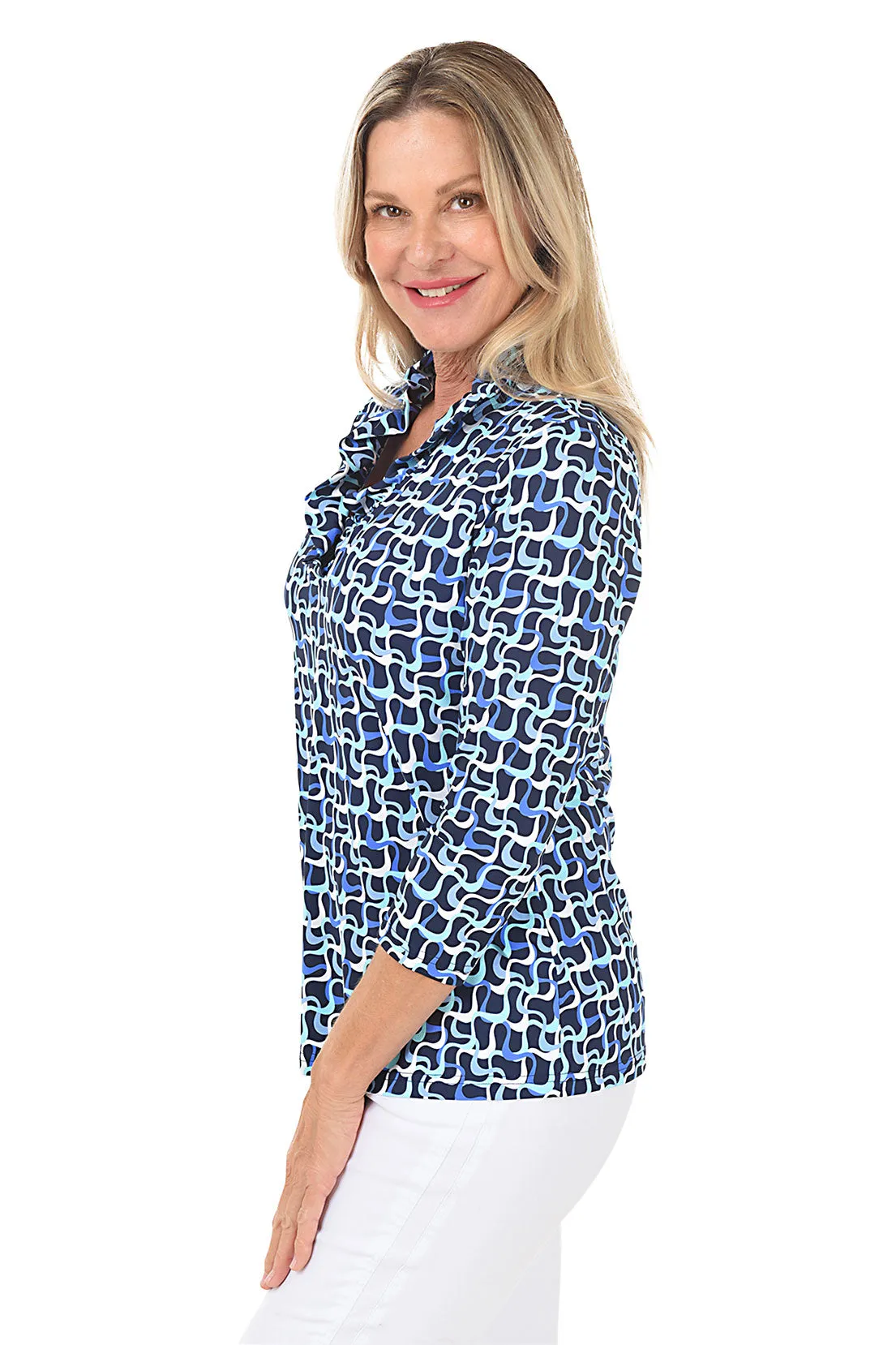 Blue Waves Ruffle Neck UPF50  Top